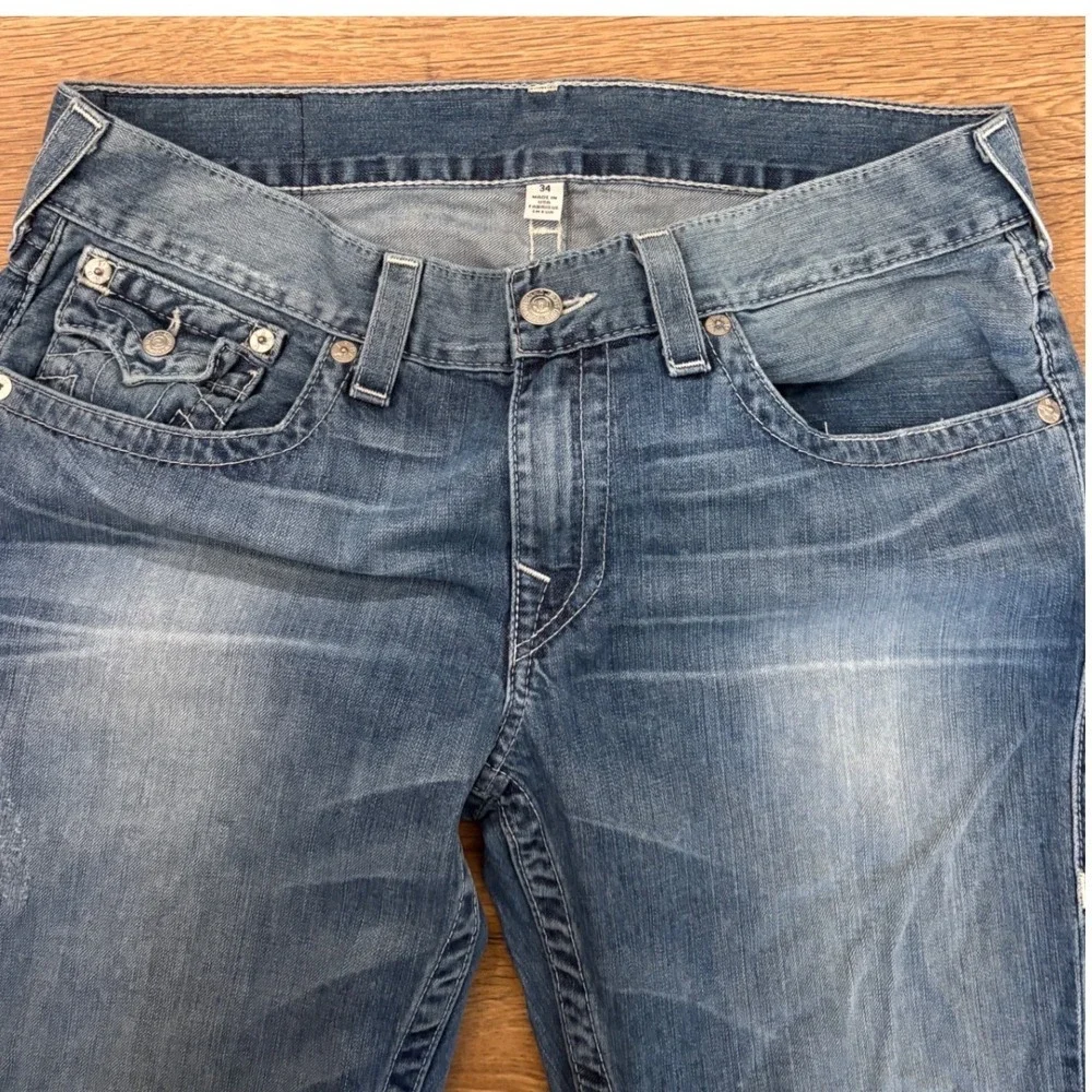 True Religion Straight Leg Jeans Mens 34 Blue Distressed Denim Flap Pockets